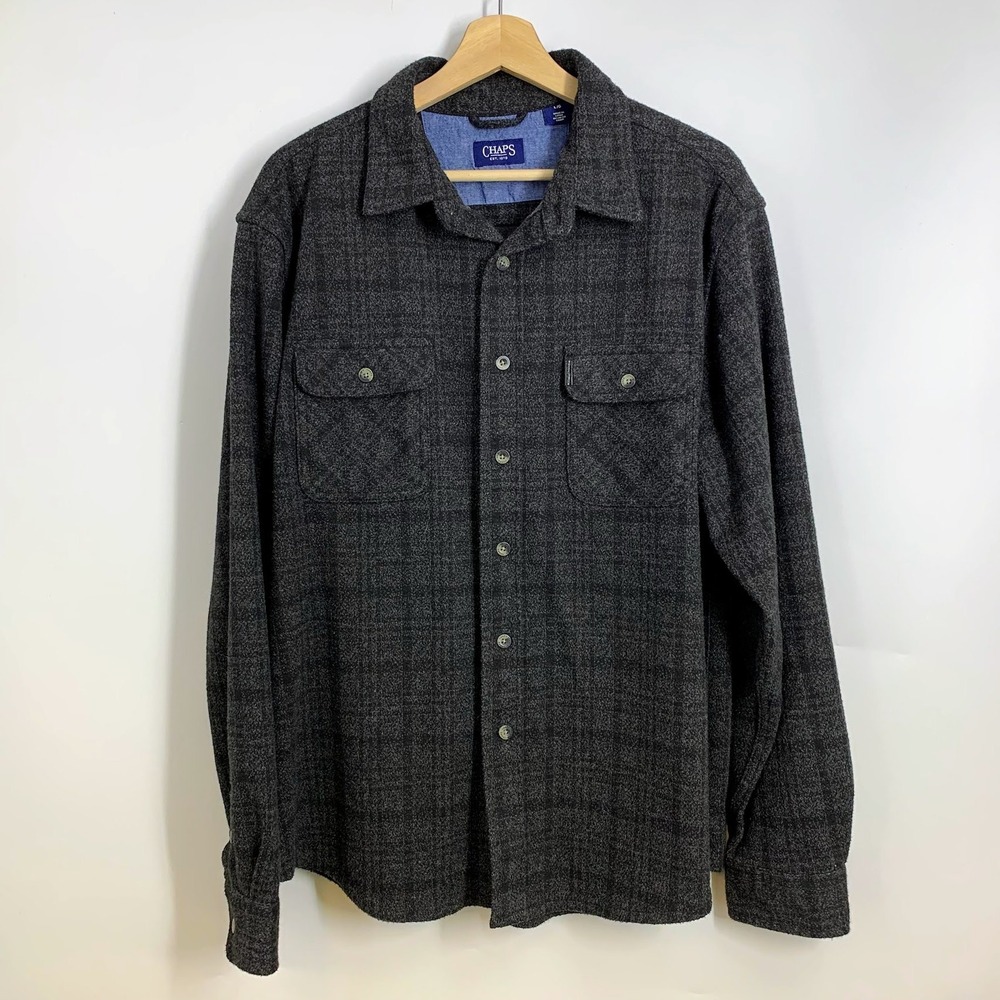 Chaps Mens‎ Gray Plaid Long Sleeve Button Up Shirt Large L Casual